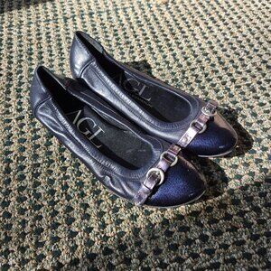 AGL Attilio Giusti Leombruni Monika Captoe Leather Ballet Flats Navy Blue 35/5